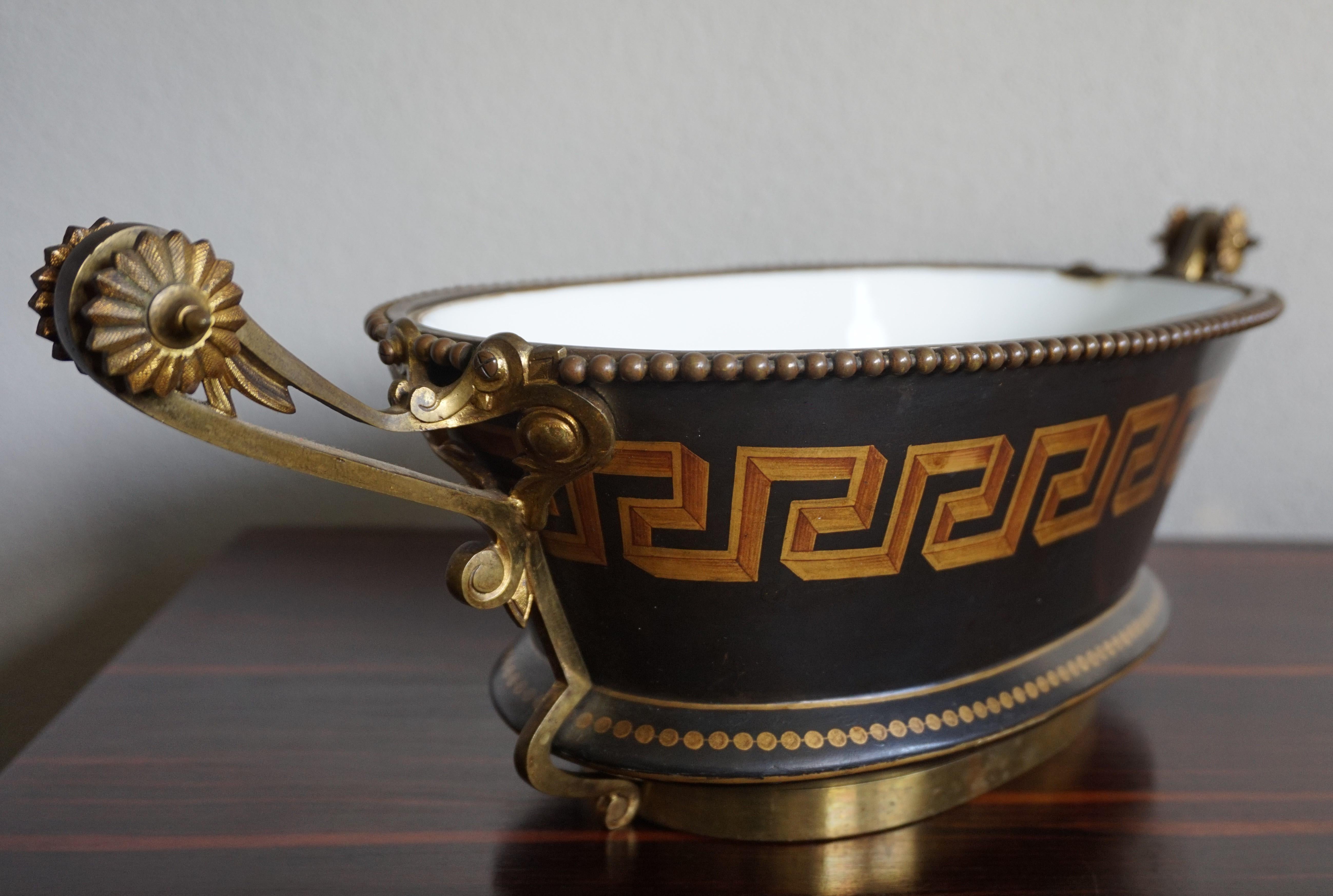 Antique Napoleon Style Bronze & Opaline Jardinière with Hand Painted Key Pattern 11