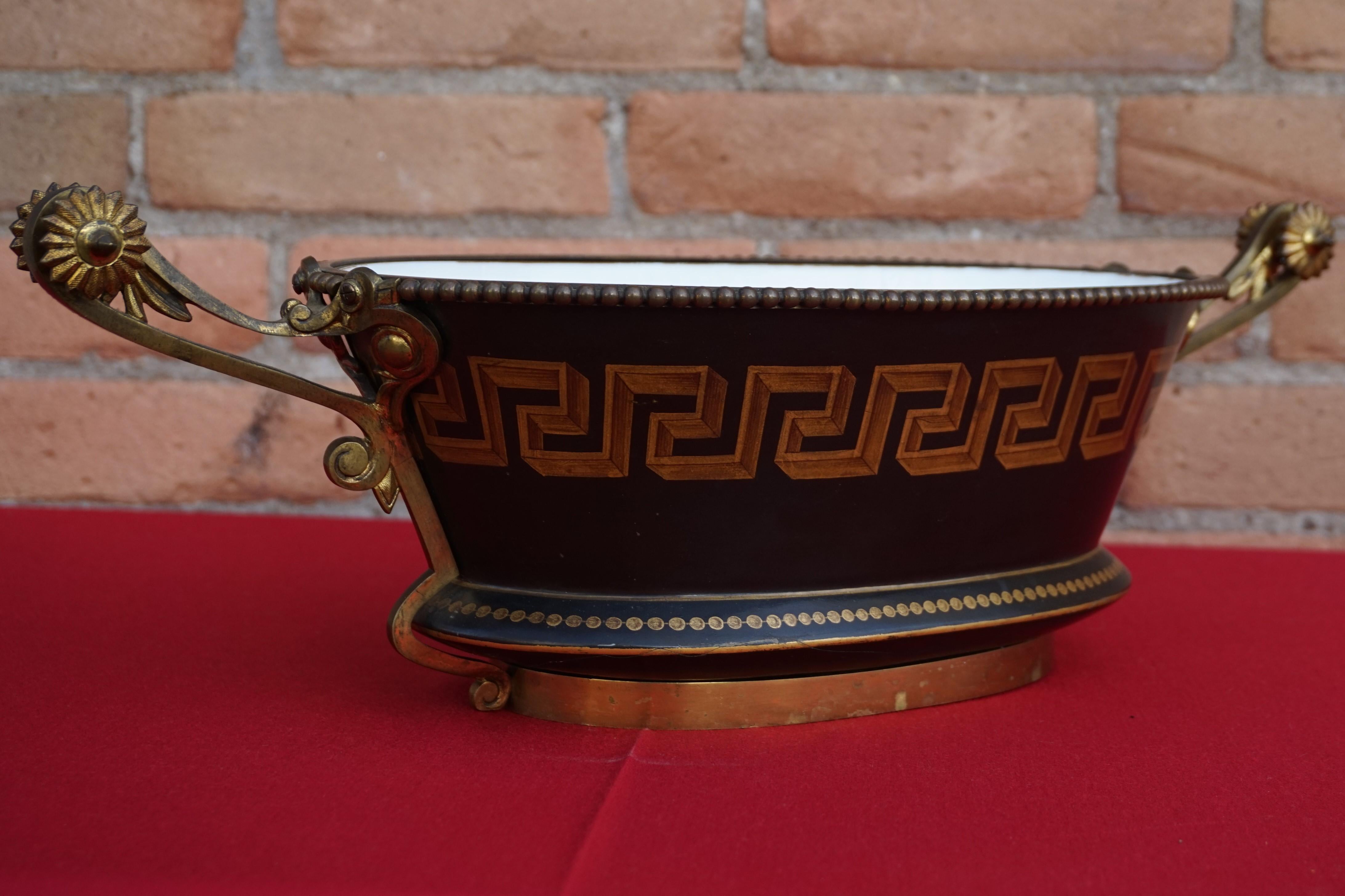 Empire Revival Antique Napoleon Style Bronze & Opaline Jardinière with Hand Painted Key Pattern