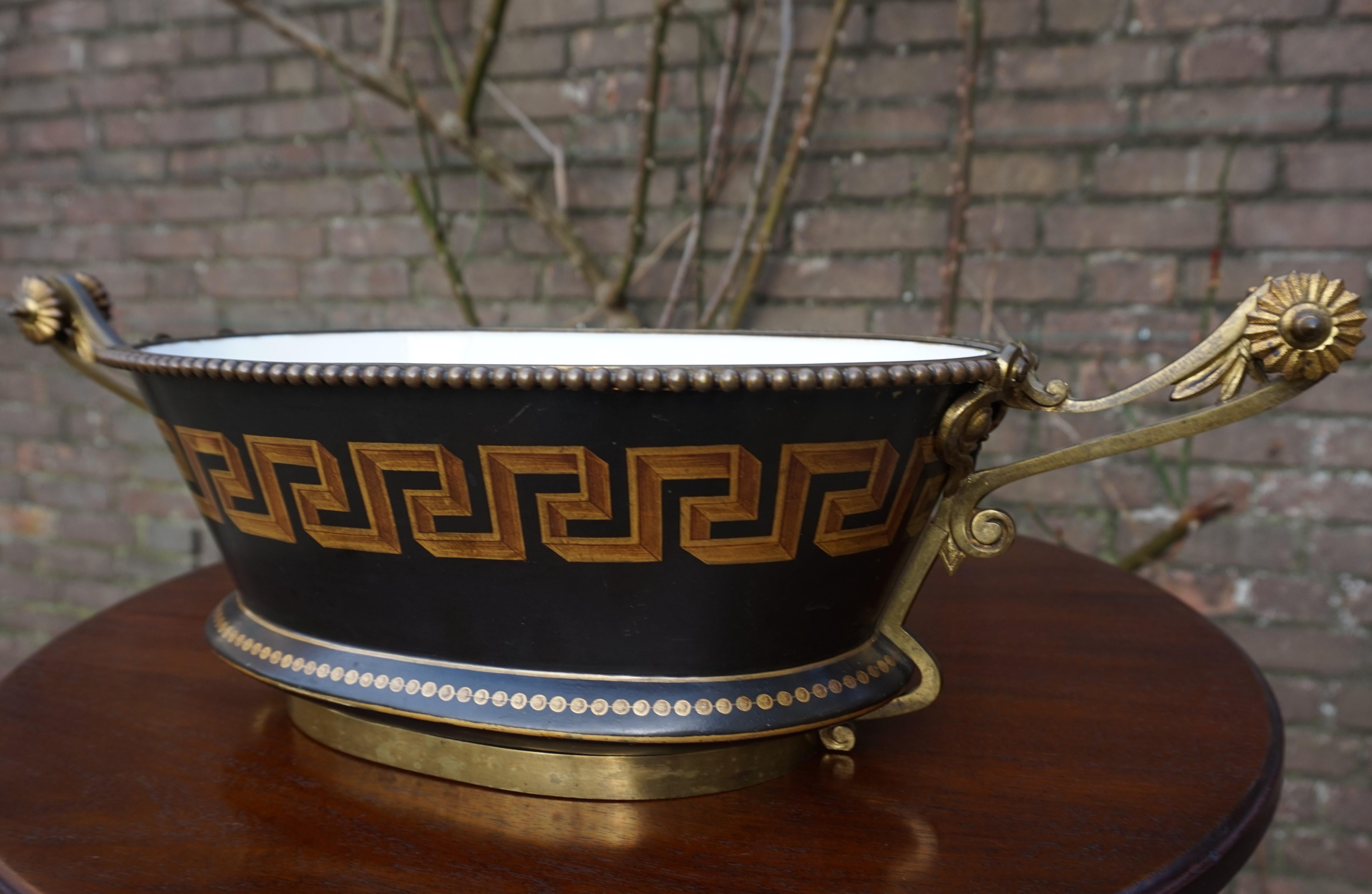 European Antique Napoleon Style Bronze & Opaline Jardinière with Hand Painted Key Pattern