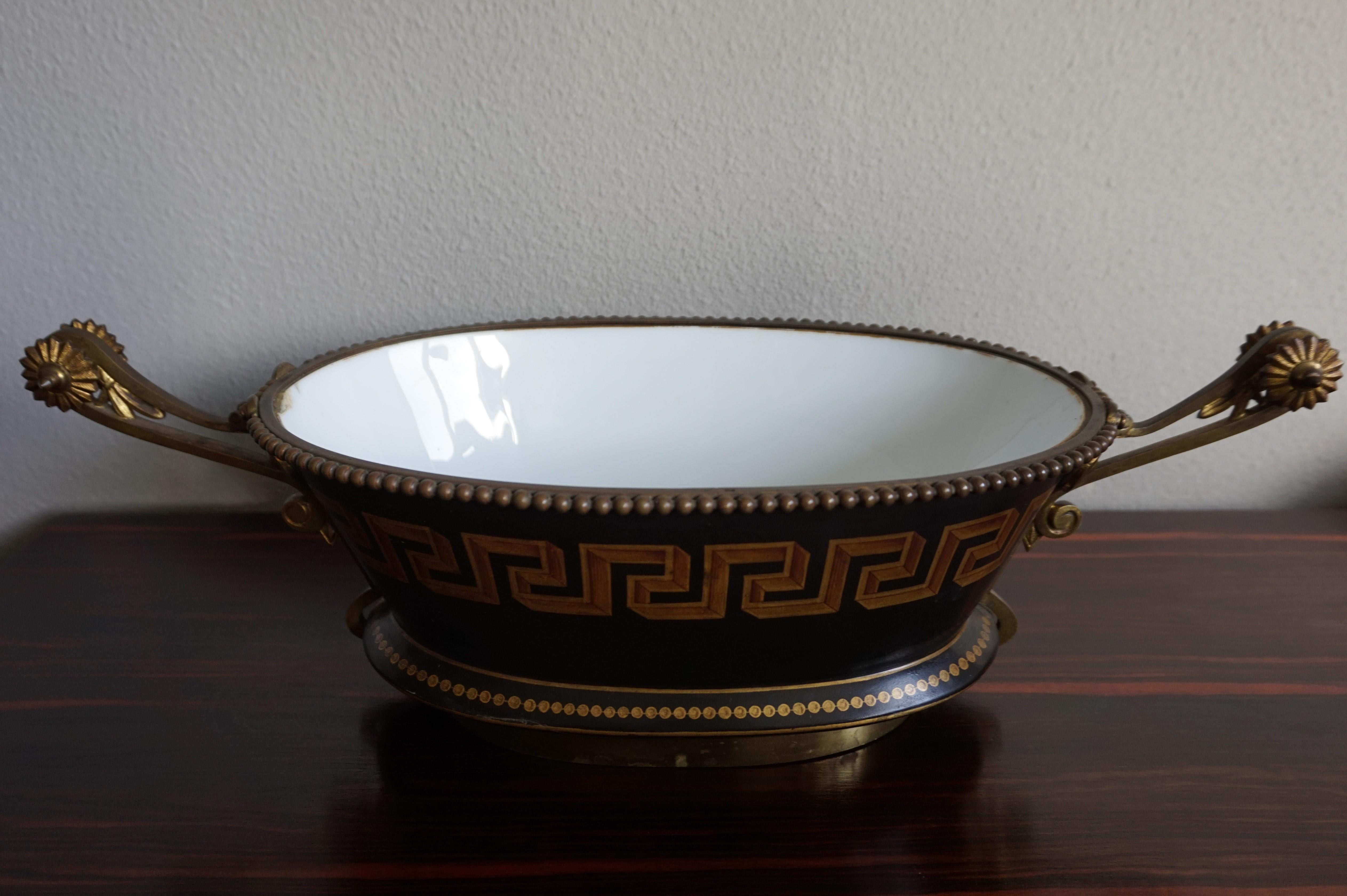 Gilt Antique Napoleon Style Bronze & Opaline Jardinière with Hand Painted Key Pattern