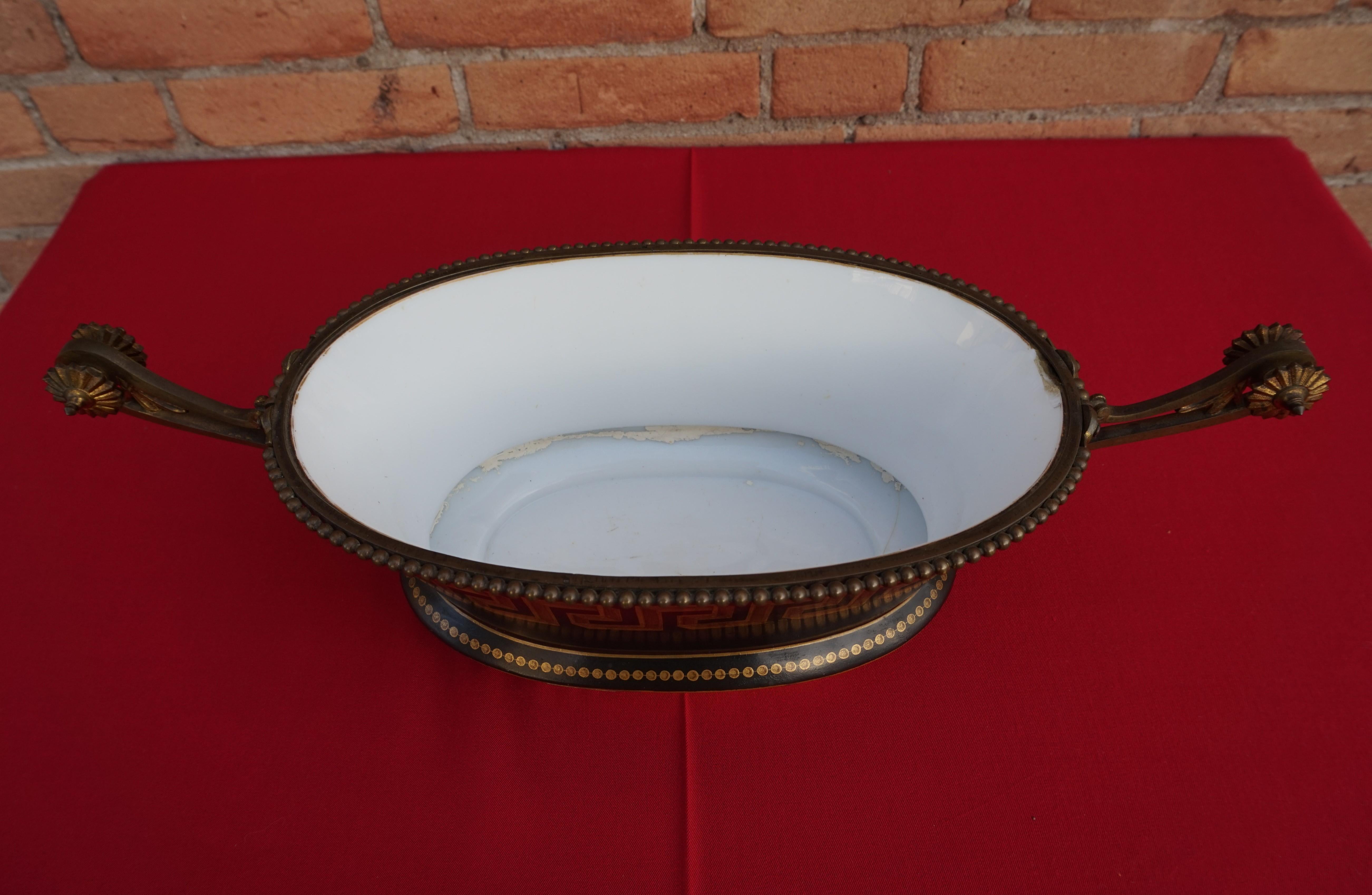 19th Century Antique Napoleon Style Bronze & Opaline Jardinière with Hand Painted Key Pattern