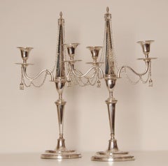 Antique Napoleonic Candelabra Empire Sterling Silver Obelisk Form Chains Tassels