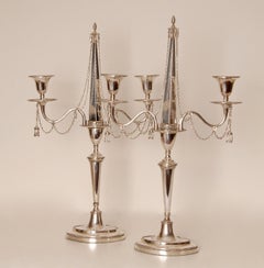 Antique Napoleonic Candelabra Empire Sterling Silver Obelisk Form Chains Tassels