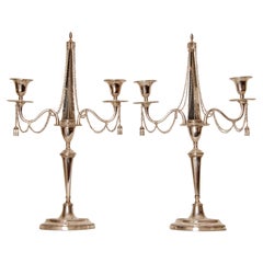 Antique Napoleonic Candelabra Empire Sterling Silver Obelisk Form Chains Tassels