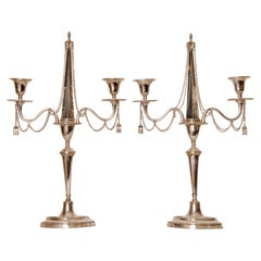 Antique Napoleonic Candelabra Empire Sterling Silver Obelisk Form Chains Tassels