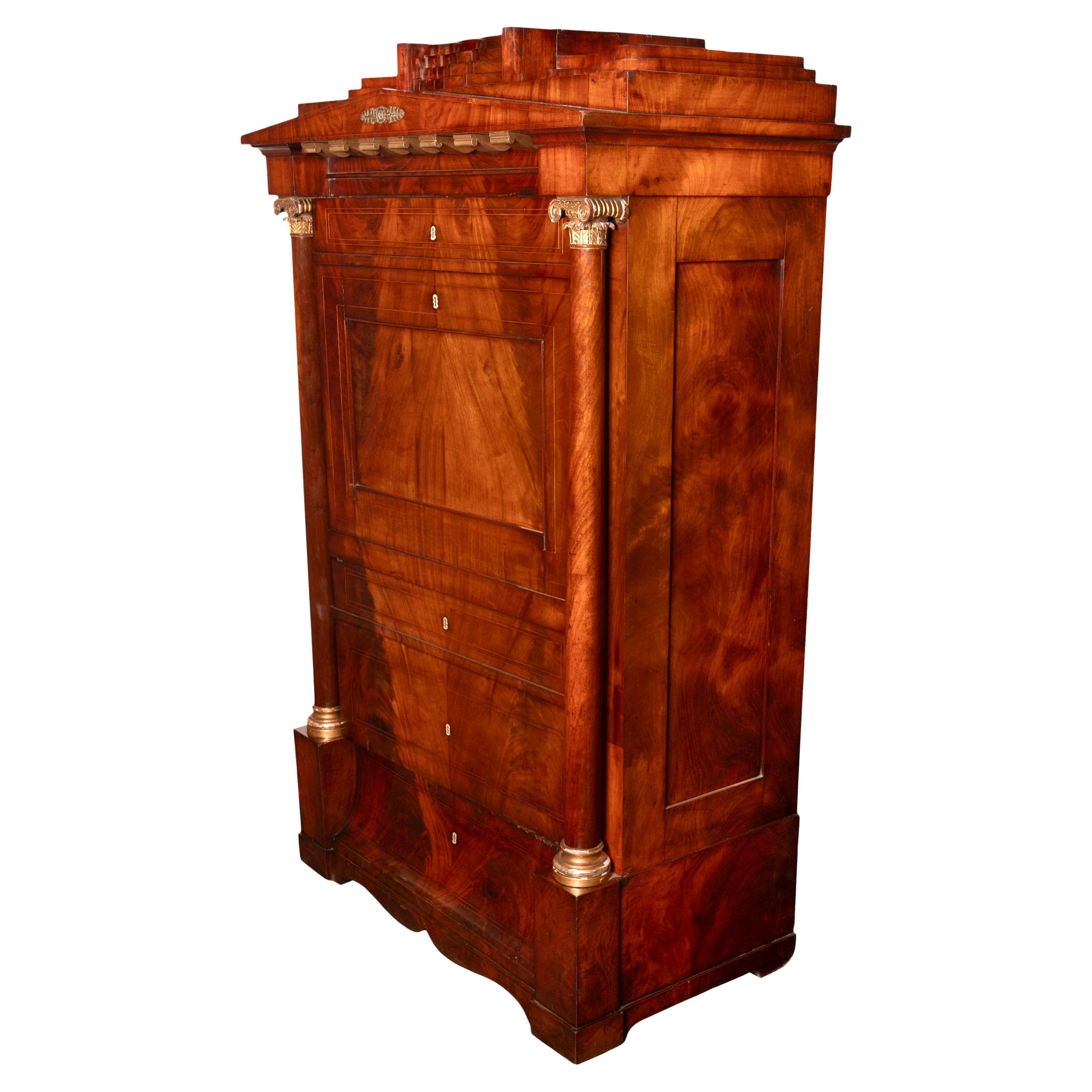 Antique Napoleonic French Empire Parcel-Gilt Mahogany Wine Cabinet Armoire 1810 Imperio en venta