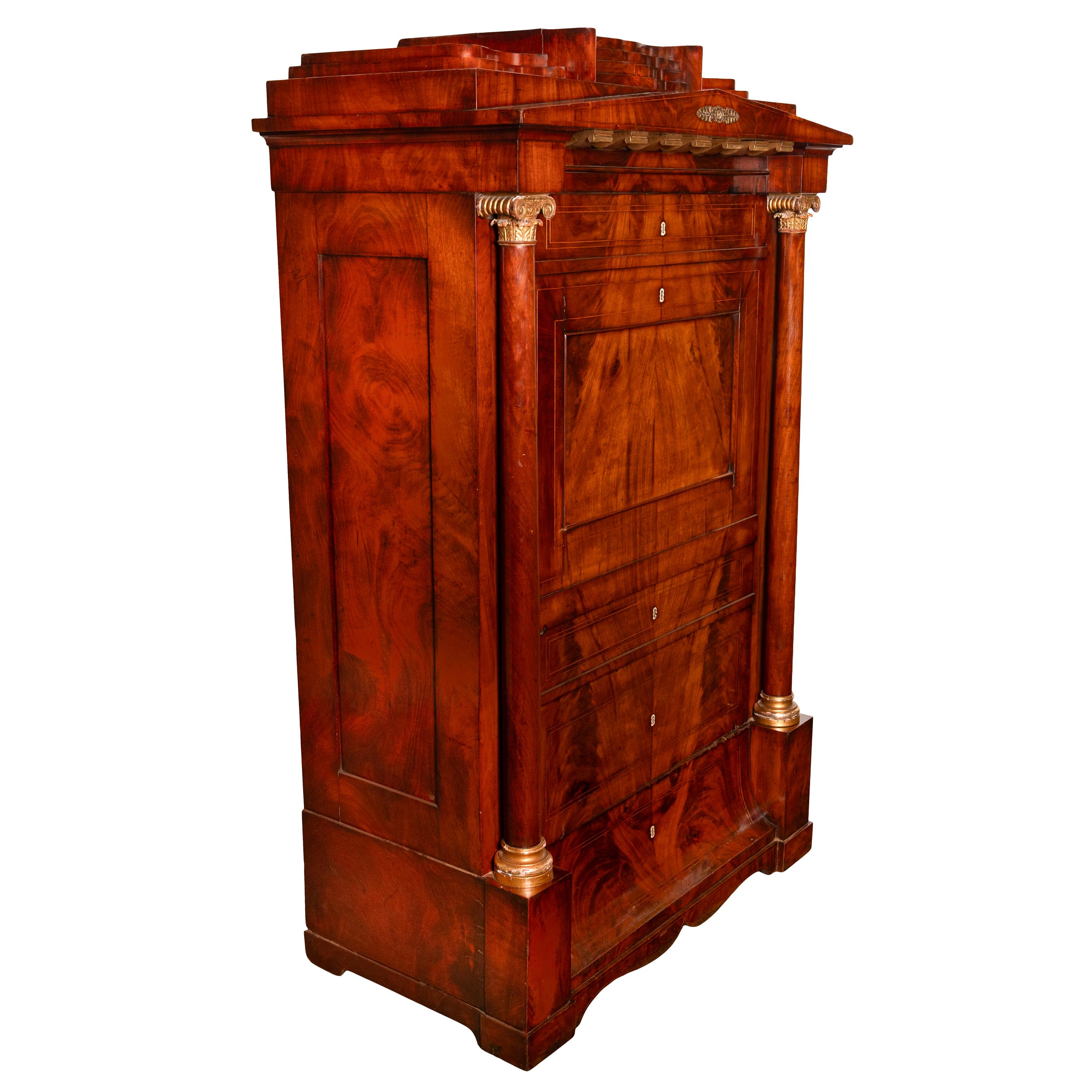 Early 19th Century Antique Napoleonic French Empire Parcel-Gilt Mahogany Wine Cabinet Armoire 1810 For Sale
