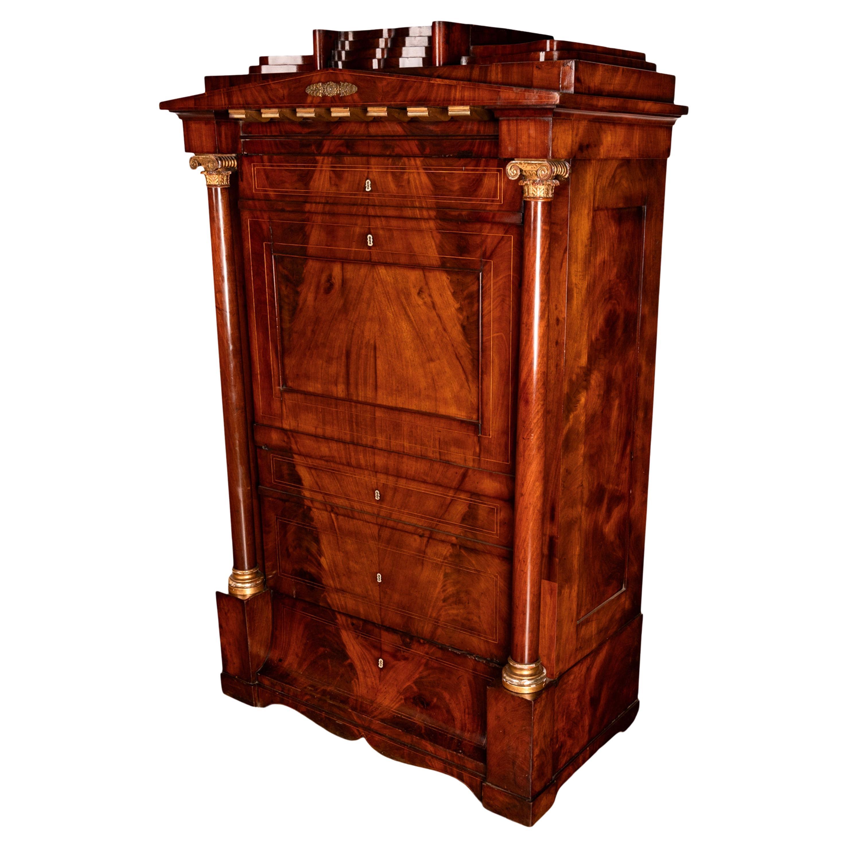 Antique Napoleonic French Empire Parcel-Gilt Mahogany Wine Cabinet Armoire 1810