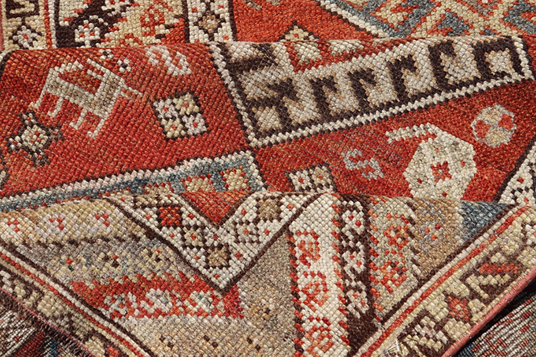 Antique Narrow and Long Kurdish Runner in Wool with Medallion Tribal Design For Sale 4