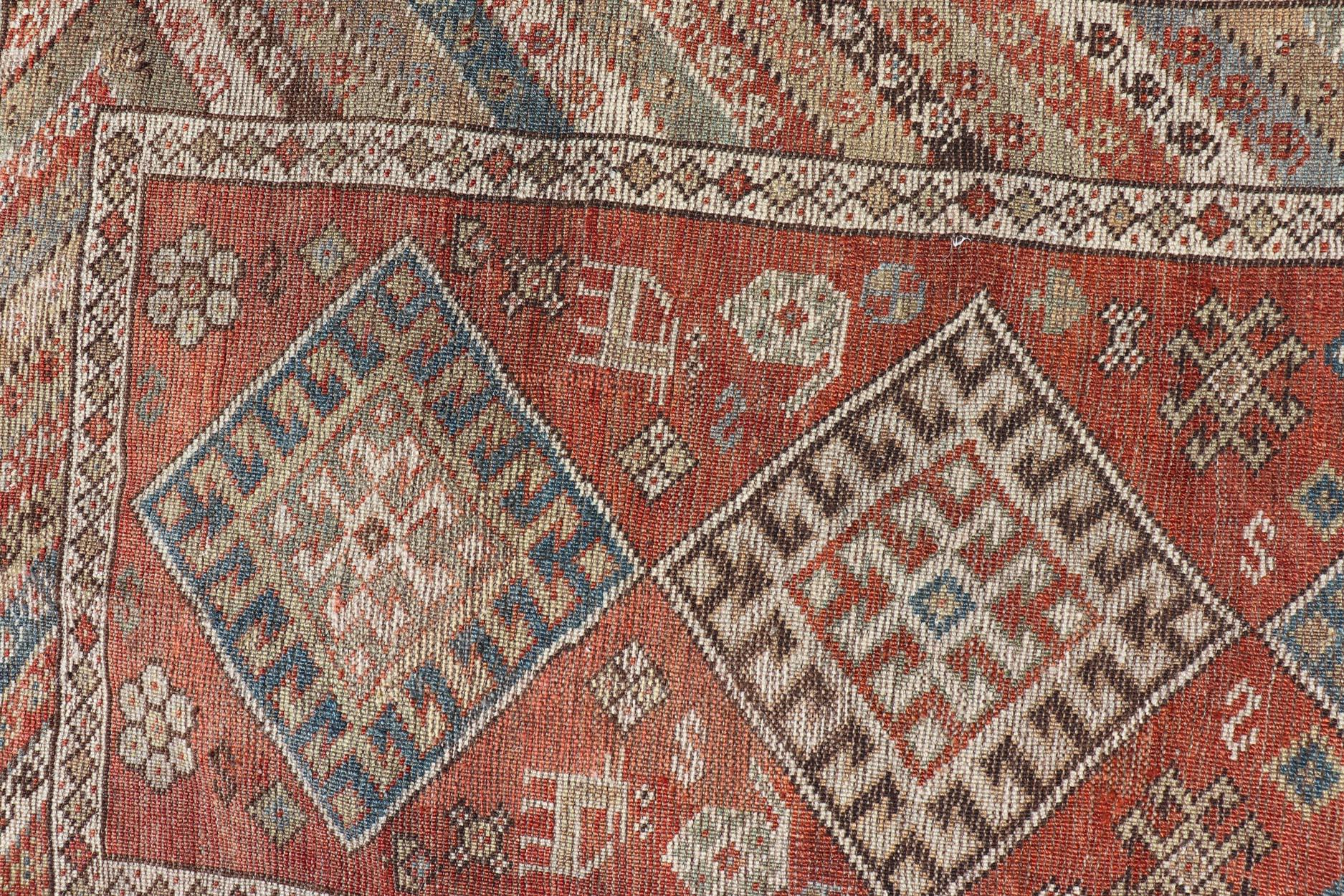 Antique Narrow and Long Kurdish Runner in Wool with Medallion Tribal Design For Sale 5