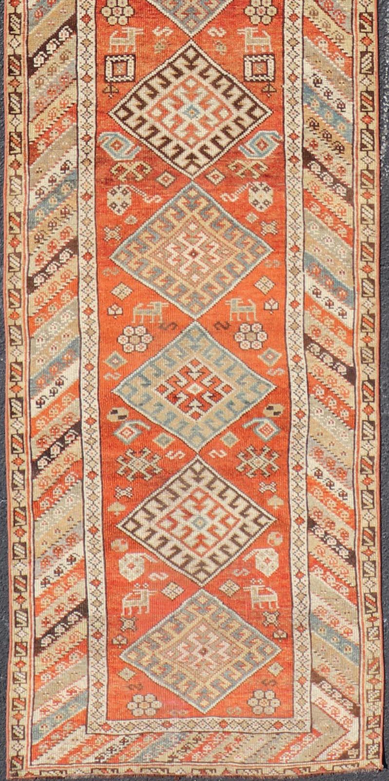 Antique Narrow and Long Kurdish Runner in Wool with Medallion Tribal Design For Sale 1