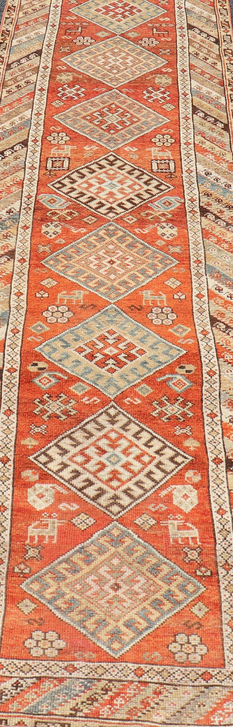 Antique Narrow and Long Kurdish Runner in Wool with Medallion Tribal Design For Sale 2