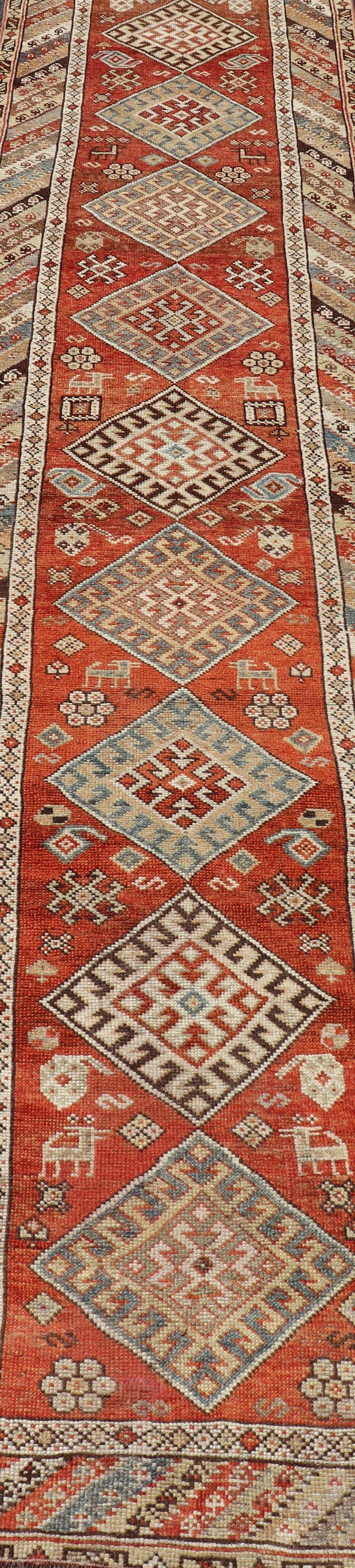 Antique Narrow and Long Kurdish Runner in Wool with Medallion Tribal Design For Sale 3