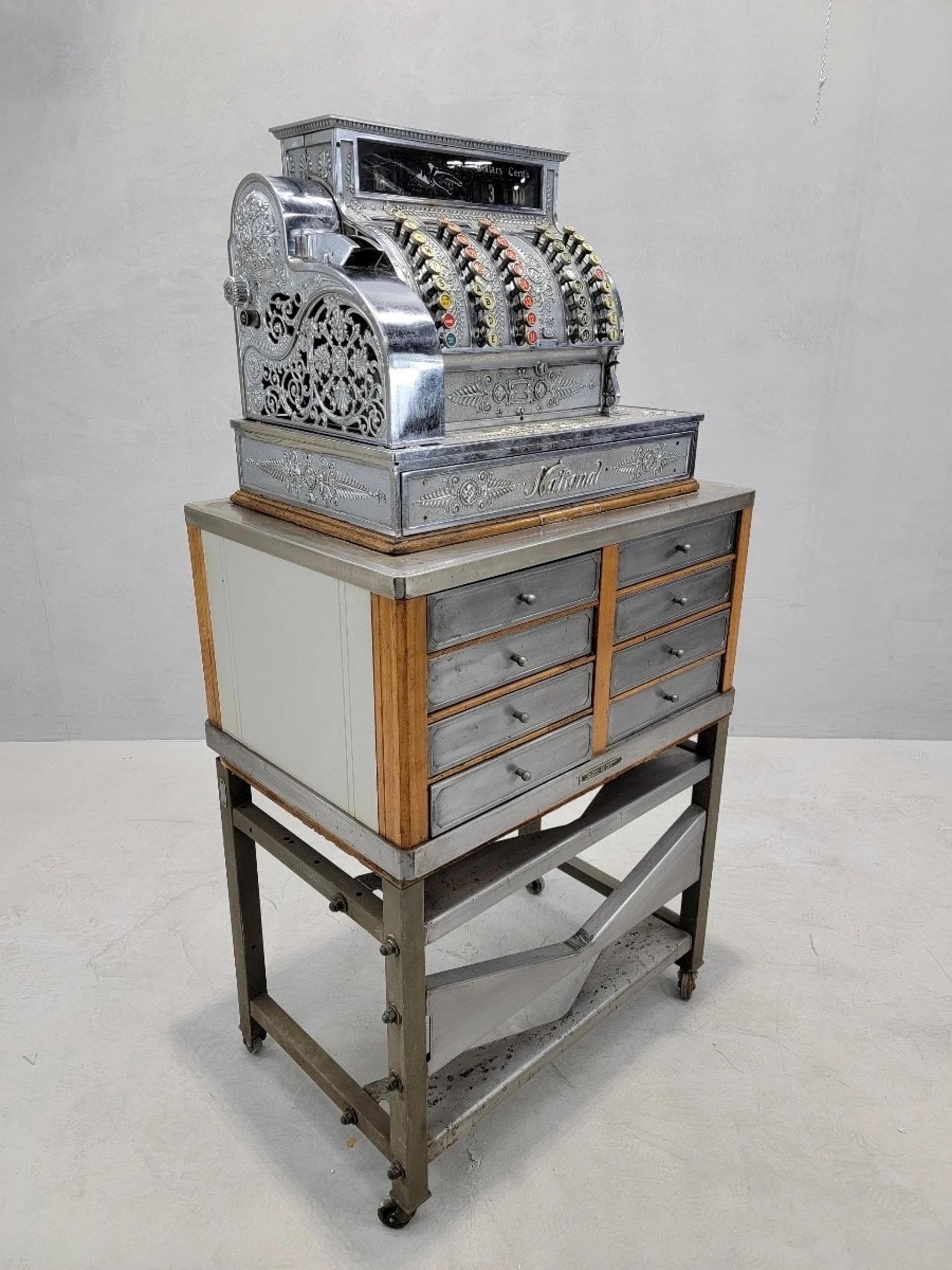 Unknown Antique National Cash Register on Custom Antique Industrial Standing Cash Drawer For Sale