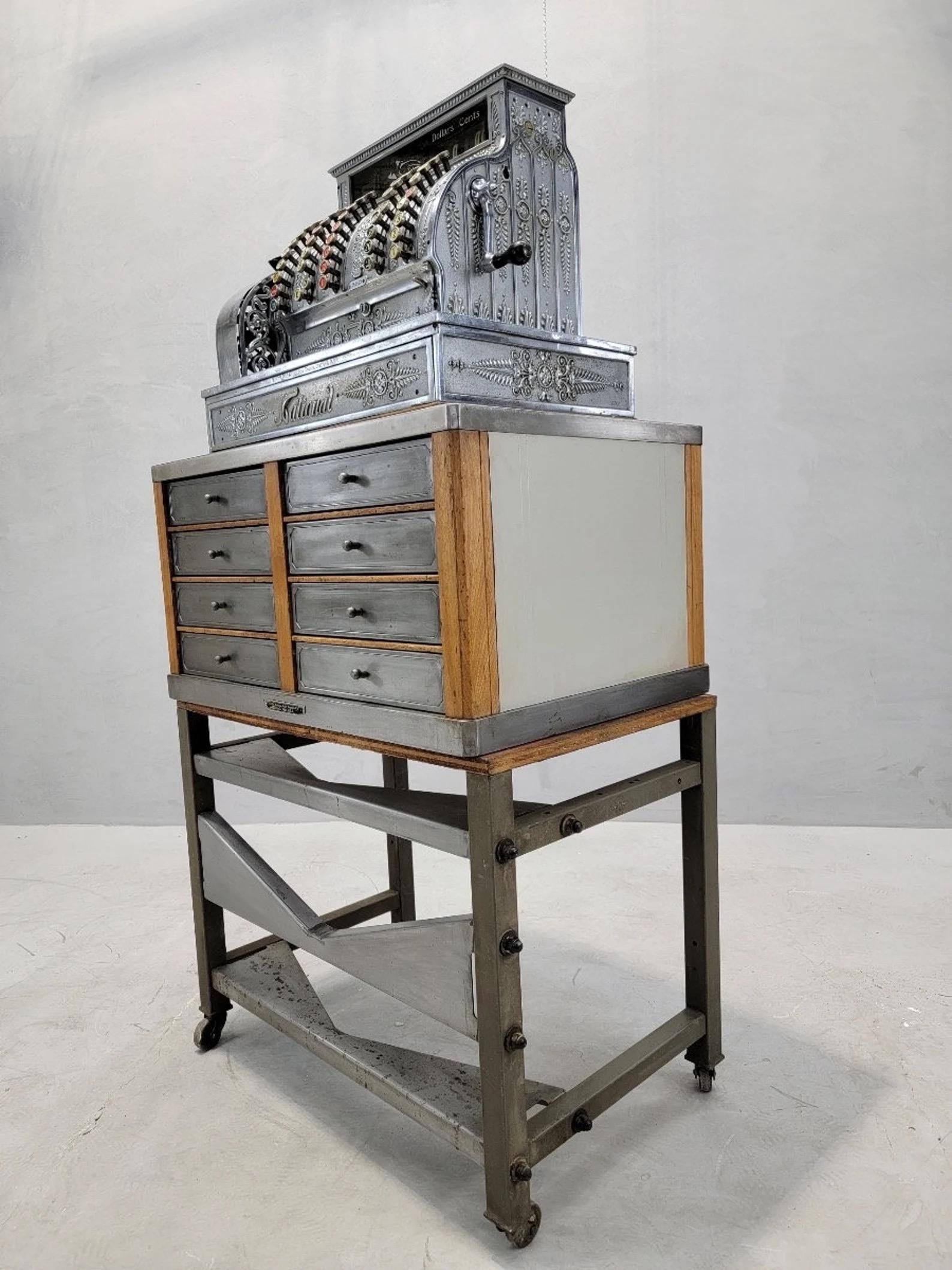 Antique National Cash Register on Custom Antique Industrial Standing Cash Drawer In Good Condition For Sale In Chicago, IL