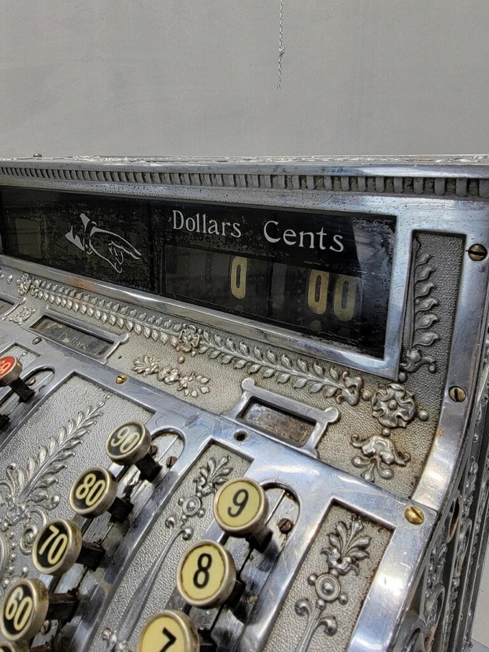 20th Century Antique National Cash Register on Custom Antique Industrial Standing Cash Drawer For Sale