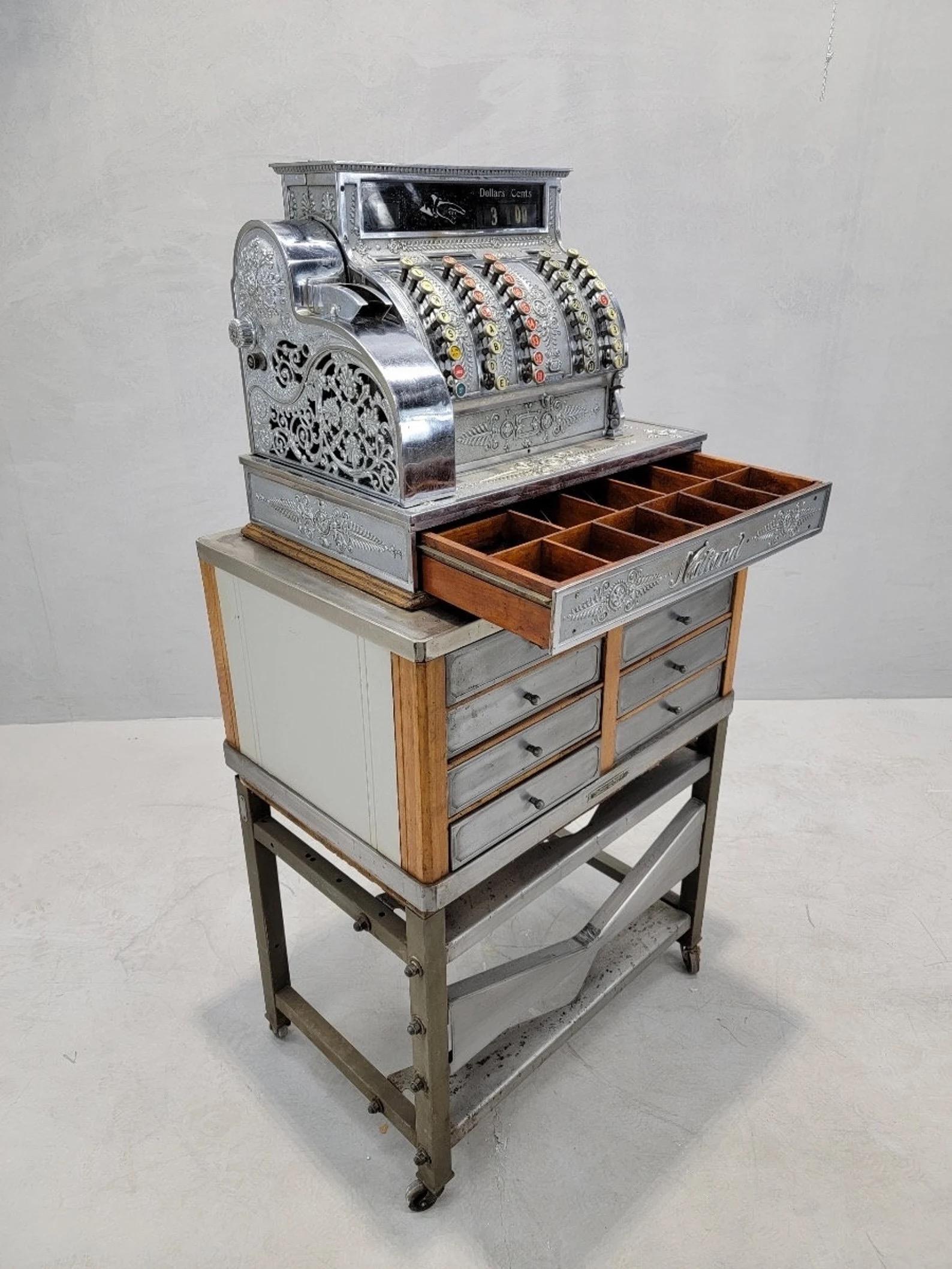Steel Antique National Cash Register on Custom Antique Industrial Standing Cash Drawer For Sale