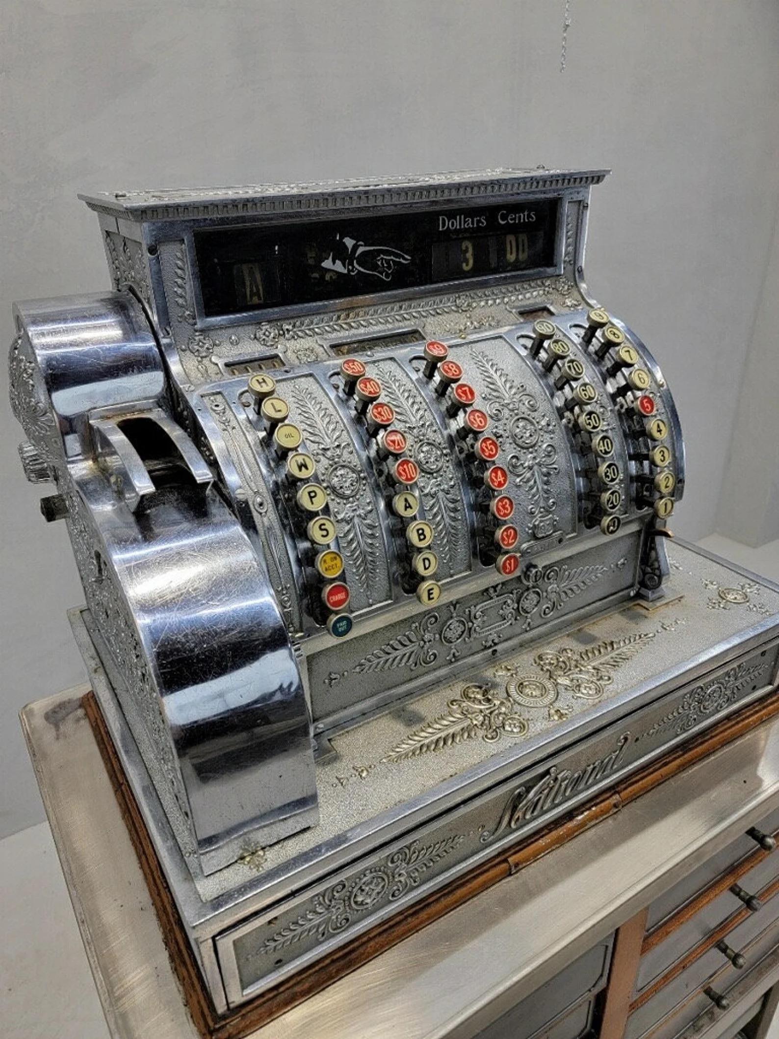 Antique National Cash Register on Custom Antique Industrial Standing Cash Drawer For Sale 1