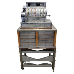 Antique National Cash Register on Custom Antique Industrial Standing Cash Drawer