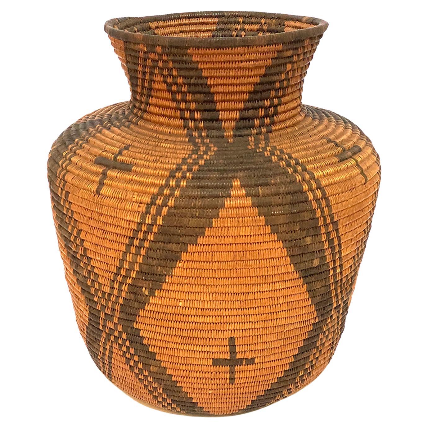 Antique Native American Basketry Olla with Crosses, Apache, circa 1910, Brown For Sale