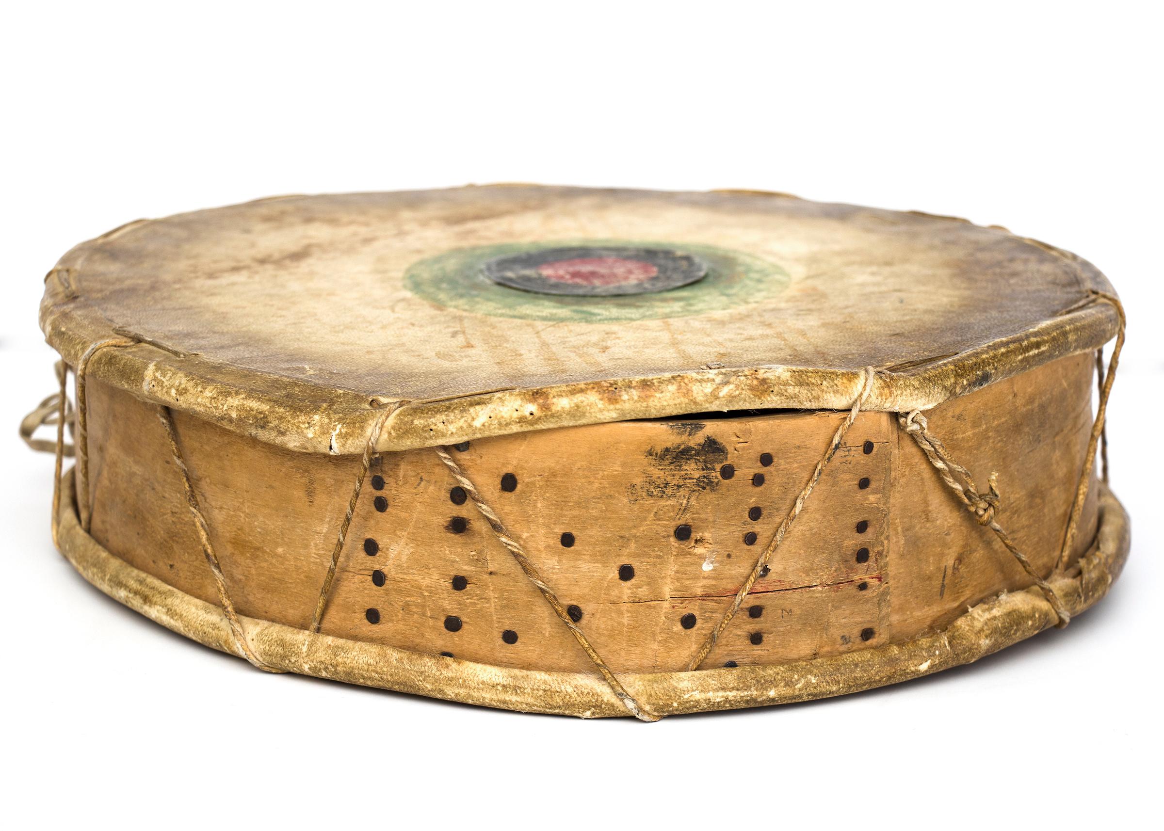 Hand-Painted Antique Native American Drum & Beater, Sioux 'Plains Indian', Early 20th Century