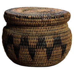 Antique Native American Indian Southwest Navajo Woven Reed Lidded Basket C1920