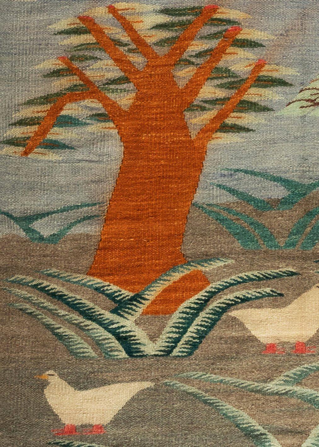 Antique native American Navajo landscape weaving with birds and sunset, circa 1930s. Measuring 4 x 6.5 ft.

From the inception of weaving by the Navajos, circa 1700, weaving has provided an important economic benefit to the tribe and a fine outlet