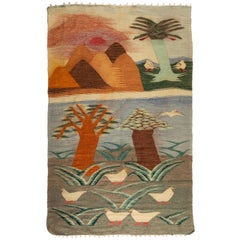 Antique Native American Navajo Landscape Weaving Rug with Birds, circa 1930s