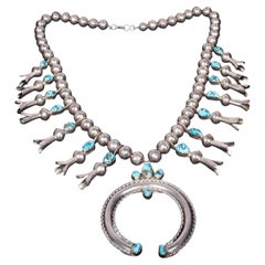 Antique Native American Navajo Sterling Silver Turquoise Squash Blossom Necklace