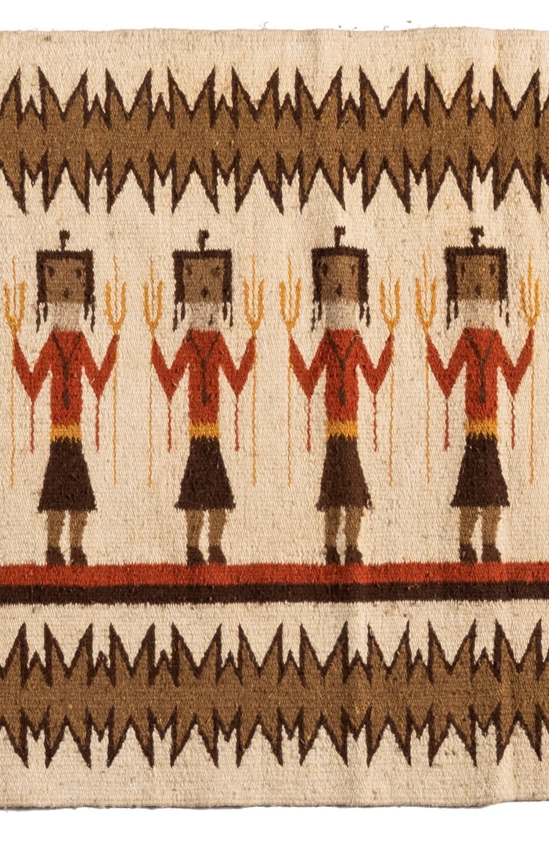 Antique native American Navajo weaving rug with figures circa 1950s measuring 2.7 x 5.2 ft.

From the inception of weaving by the Navajos, circa 1700, weaving has provided an important economic benefit to the tribe and a fine outlet for their