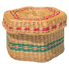 Antique Native American Sweet Grass Basket with Lid in Pink and Green