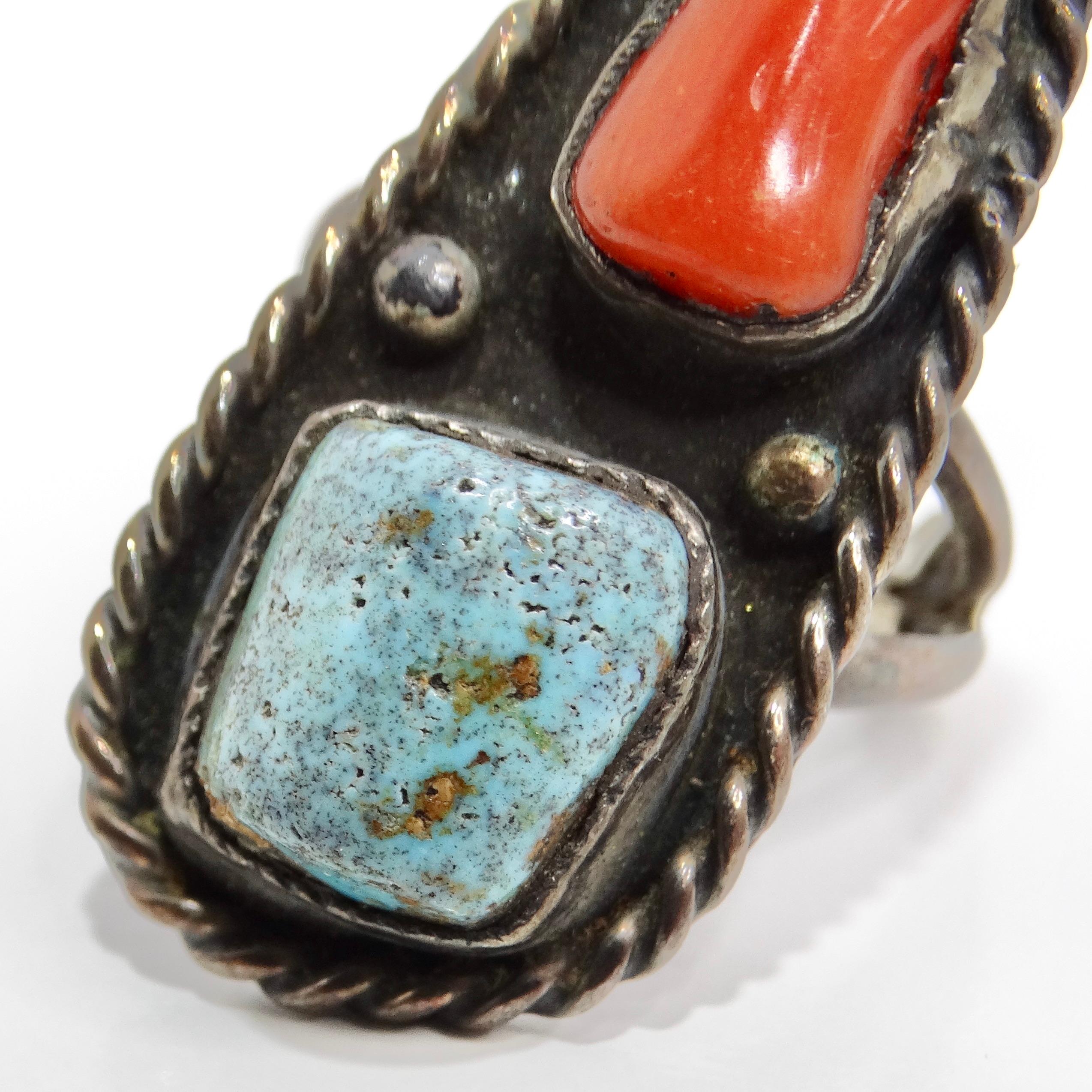 Introducing the Antique Native American Turquoise Silver Ring, a captivating piece from the 1950s that embodies the rich tradition and craftsmanship of Native American jewelry. This stunning ring features a unique design with vibrant blue and orange