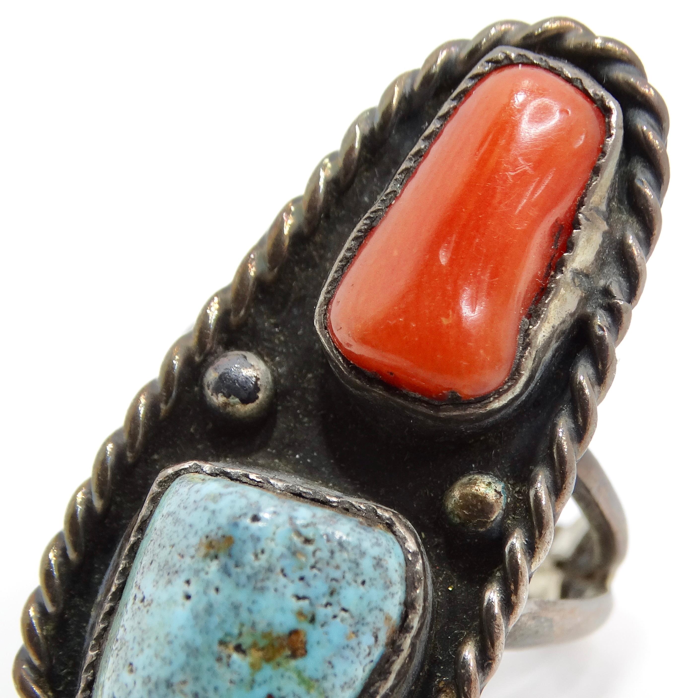 Square Cut Antique Native American Turquoise Silver Ring For Sale