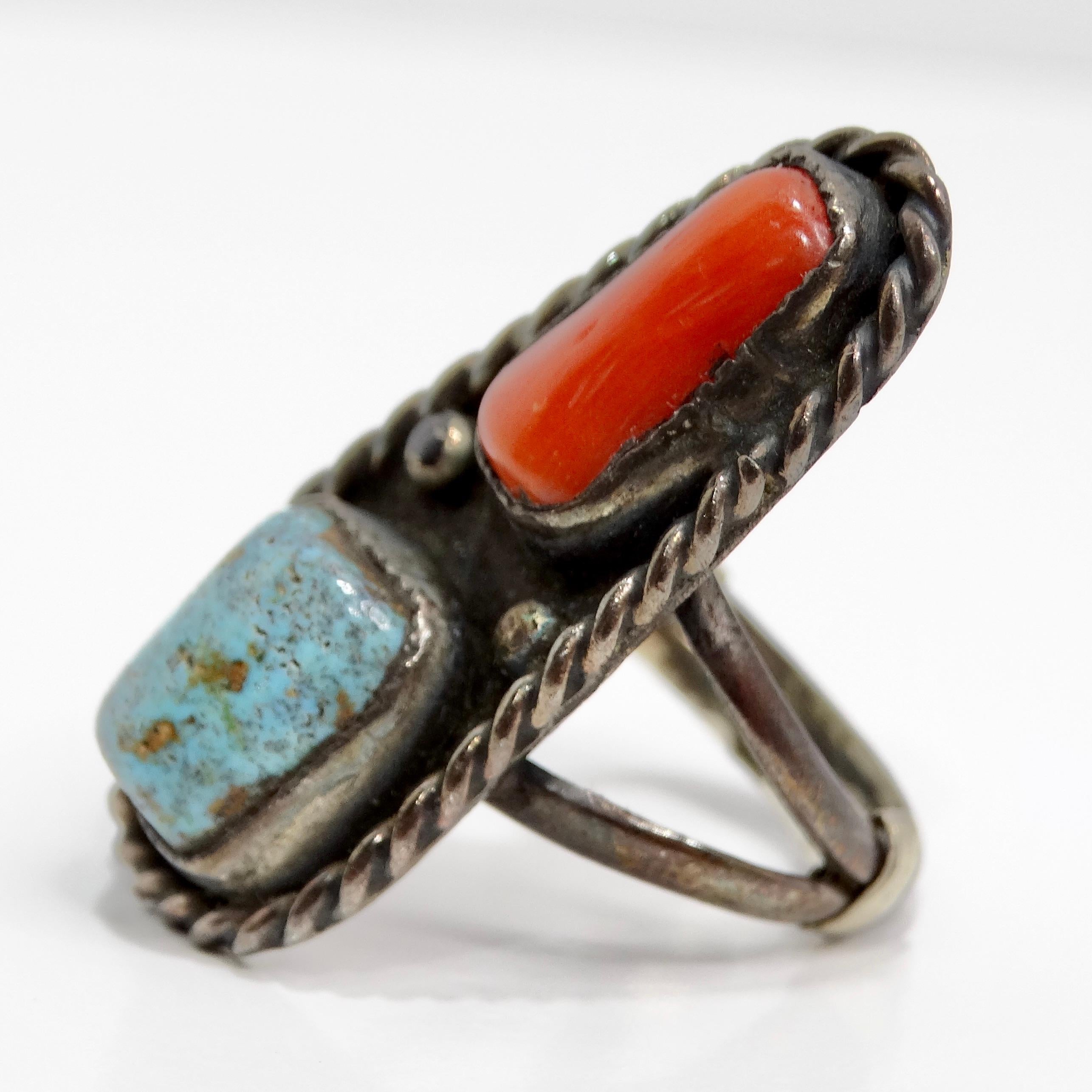 Women's or Men's Antique Native American Turquoise Silver Ring For Sale