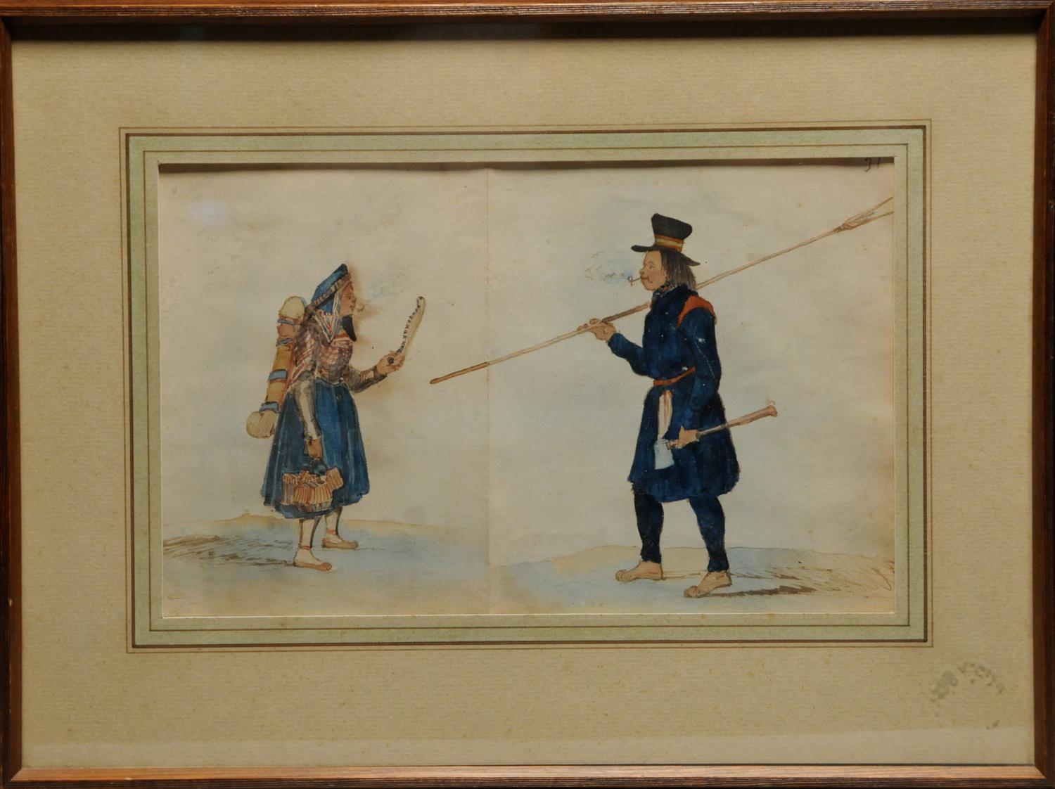 Watercolor, native woman with trade items, fisherman with leister spear and axe.

Region / Tribe: Northeastern woodlands / Mic-Mac, Maliseet,

circa 1834.

Material: Watercolor on 2 sheets of paper, joined, wood frame.

Dimension: H. 5 7/8”