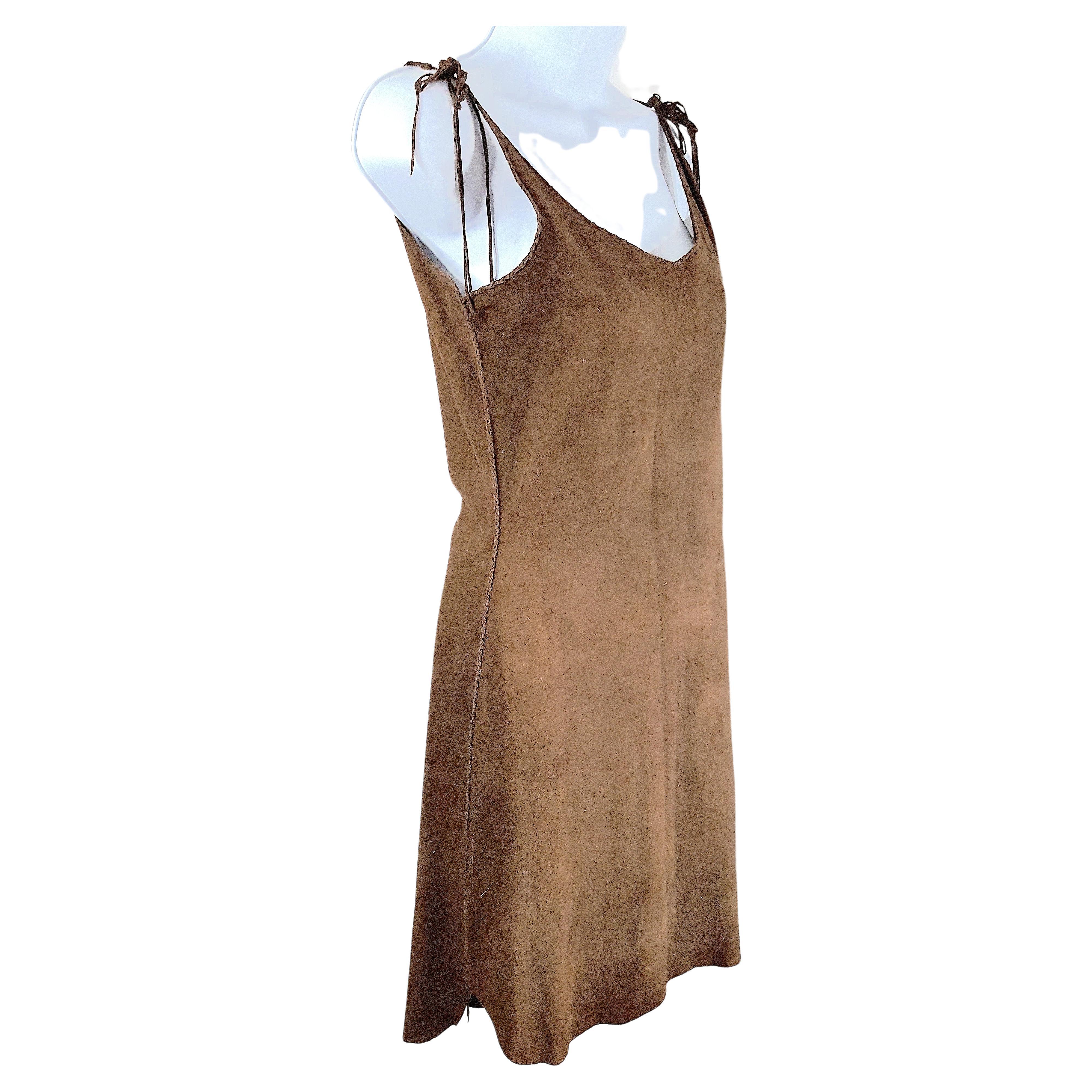 Women's or Men's Antique NativeAmerican LeatherBraidedSeamsStrapsNeckline Sleeveless Hide Dress For Sale