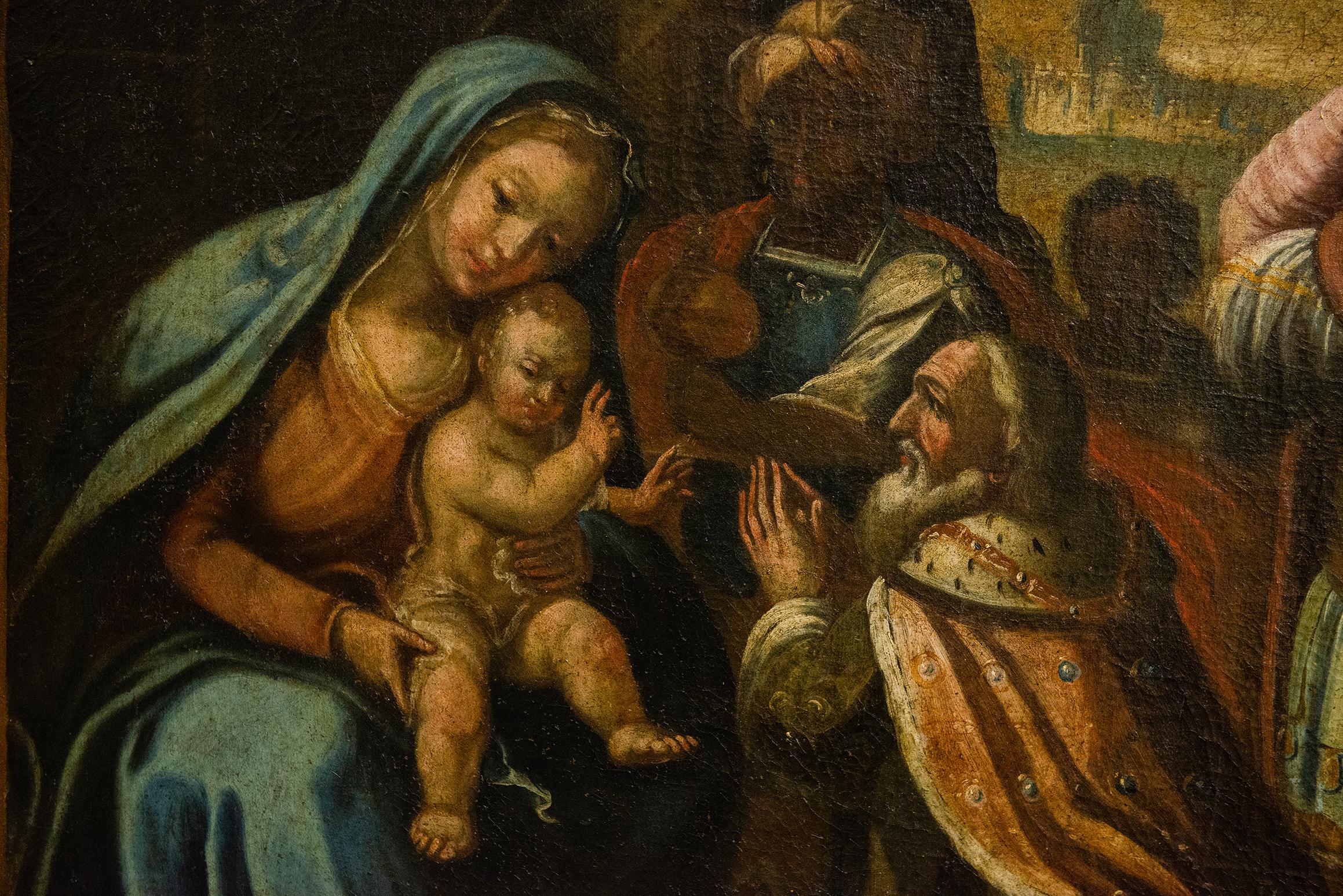 Antique Nativity Christmas Italian oil painting on canvas, from first half 17th century. Anonymous painter (as usual at that time) and with an authentic antique frame Salvator Rosa.
It is necessary to obtain a permit for export from the Italian