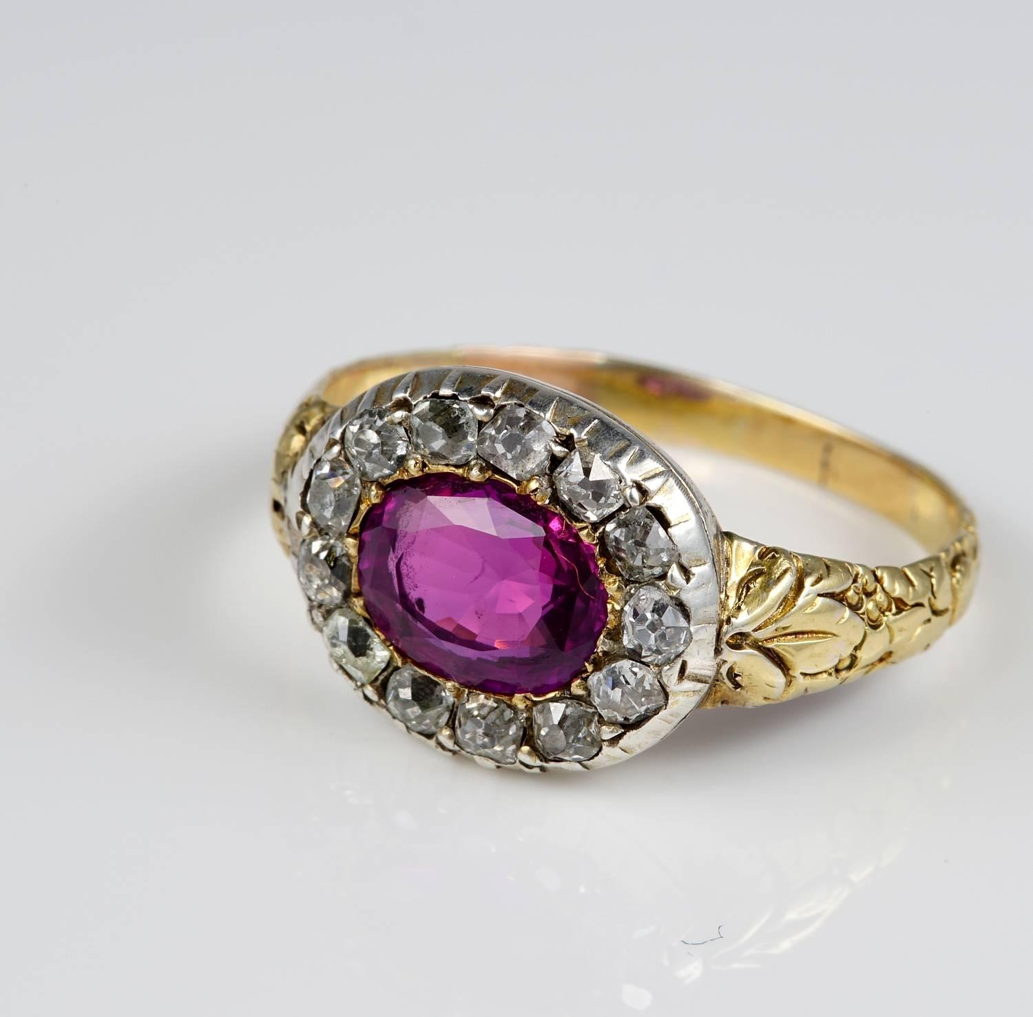 Antique Natural 1.30 Carat No Heat Ruby .65 Carat Diamond Early Rare Ring In Good Condition In Napoli, IT