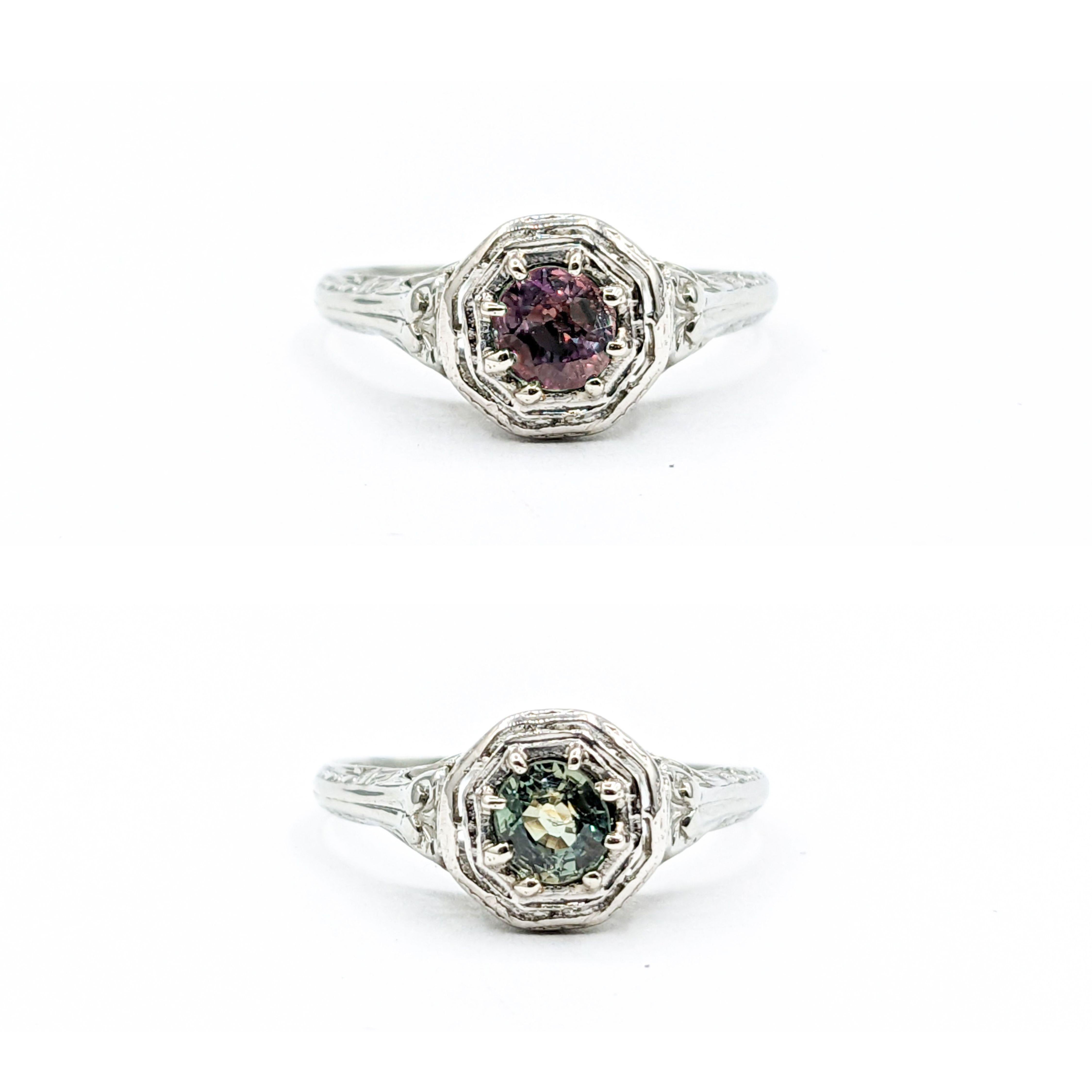 Contemporary Antique Natural Alexandrite Diamond Ring In 18k White Gold For Sale
