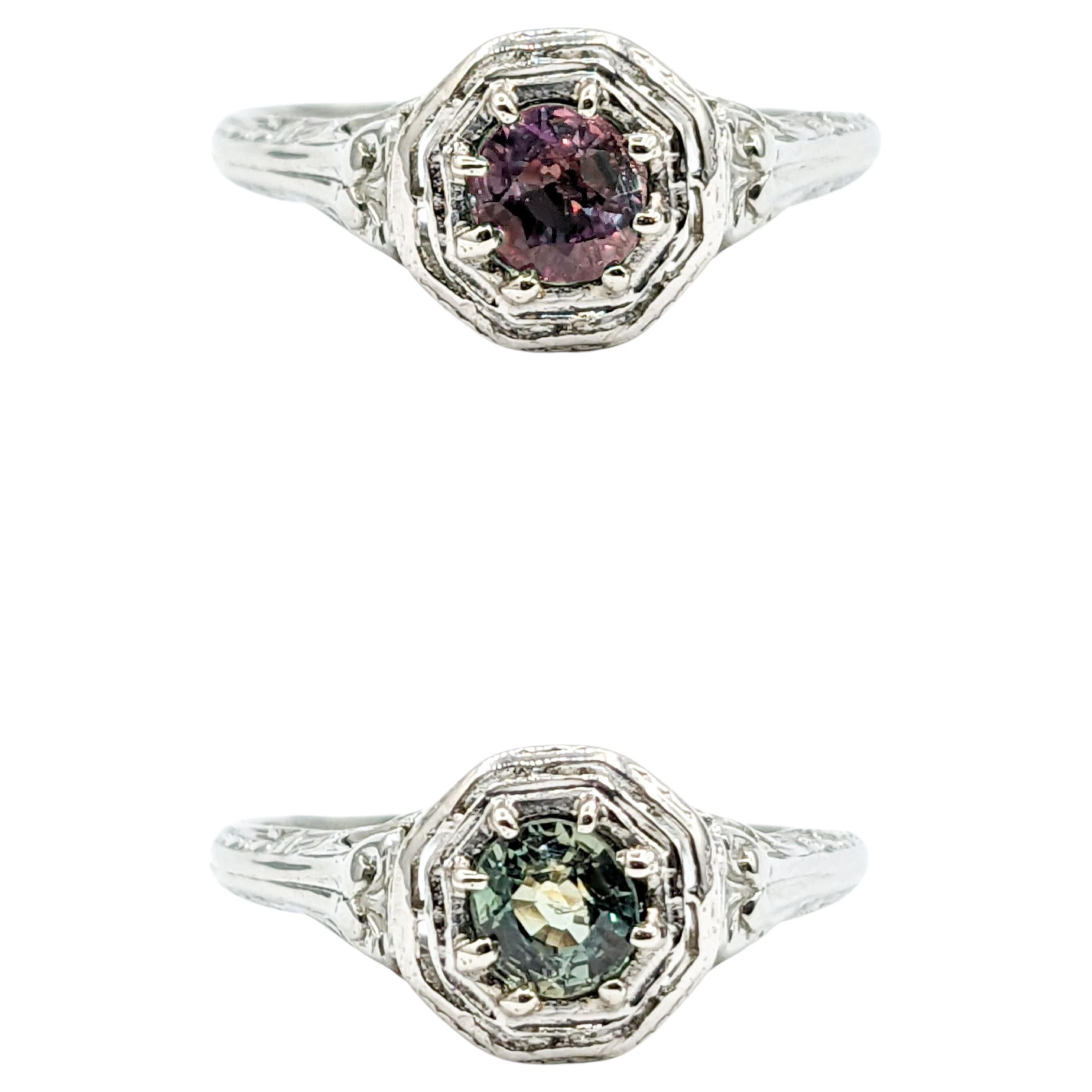 Bague ancienne en or blanc 18k avec diamant et alexandrite naturelle