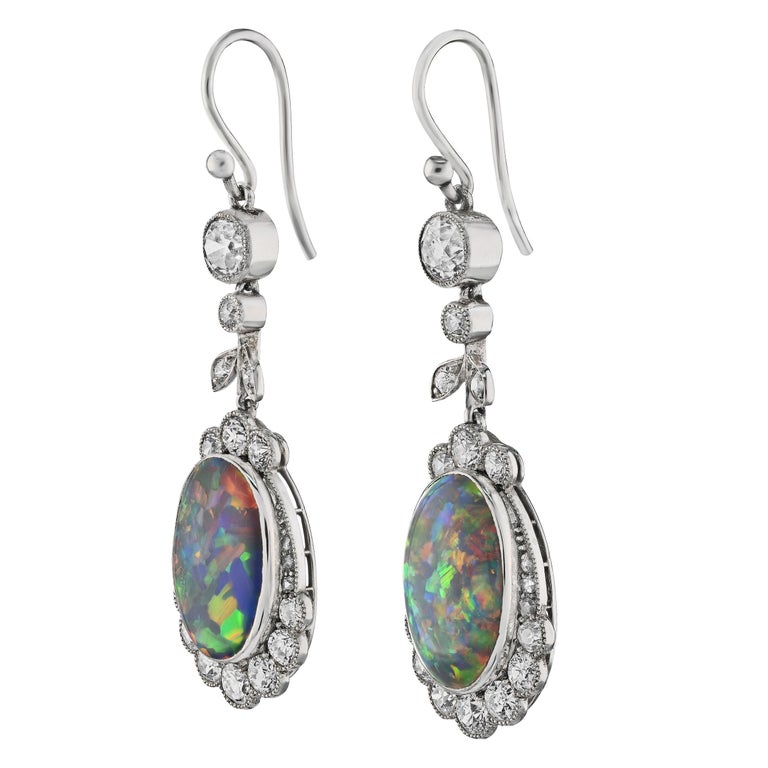 Art Nouveau Antique Natural Black Opal and Old Euro Diamond Drop Earring & Necklace Set For Sale