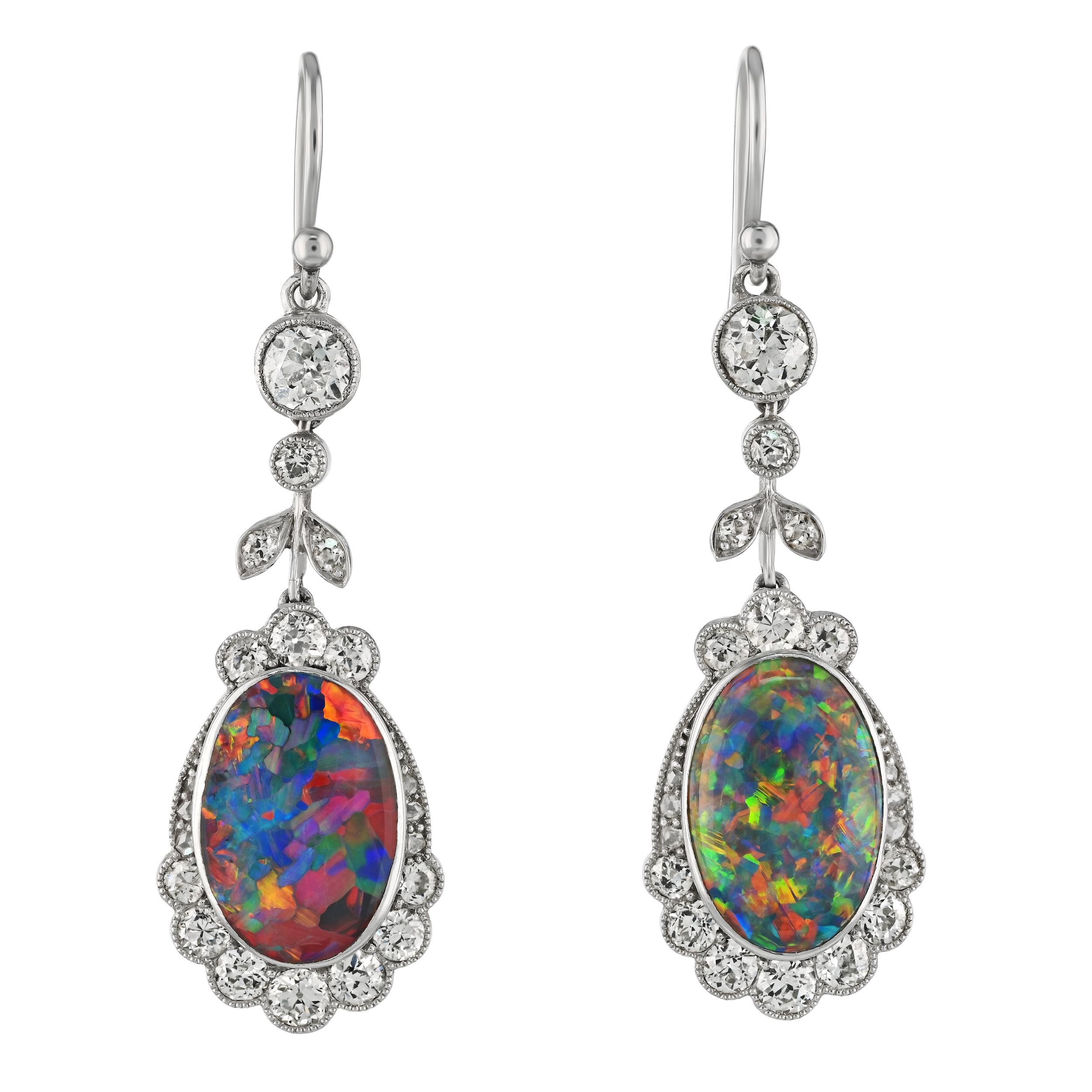 Cabochon Antique Natural Black Opal and Old Euro Diamond Drop Earring & Necklace Set