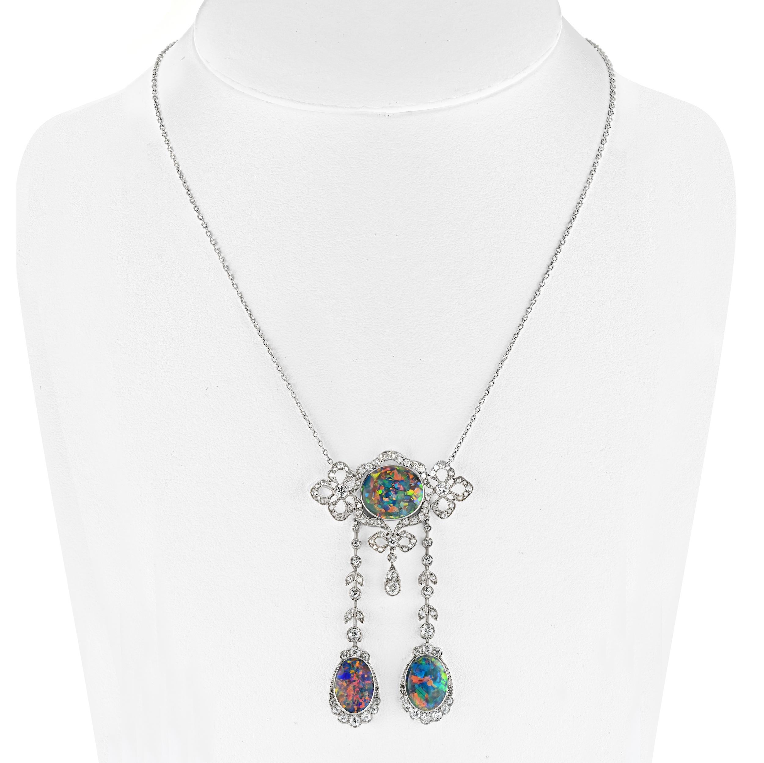 Antique Natural Black Opal and Old Euro Diamond Drop Earring & Necklace Set In Excellent Condition In Miami, FL