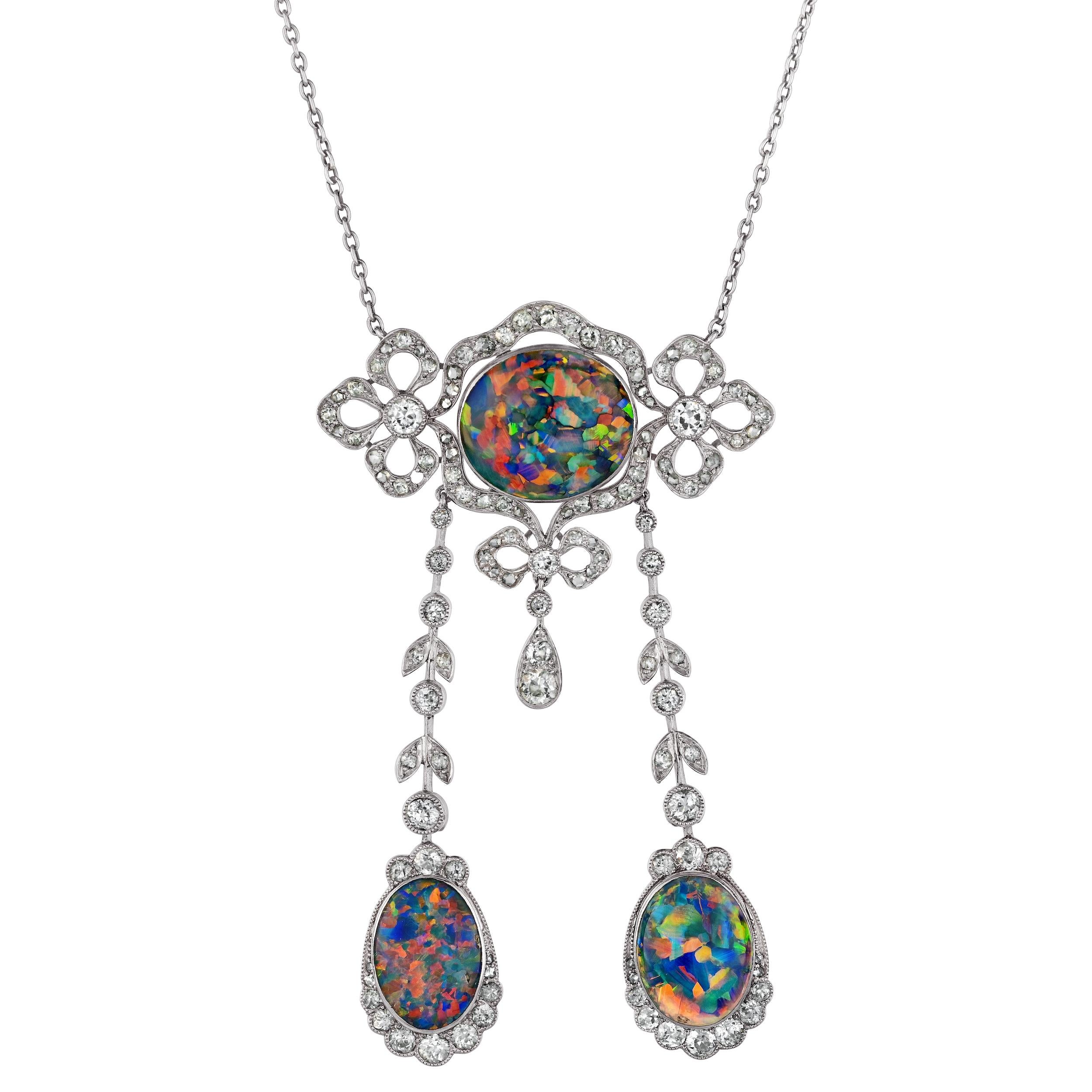 Women's Antique Natural Black Opal and Old Euro Diamond Drop Earring & Necklace Set