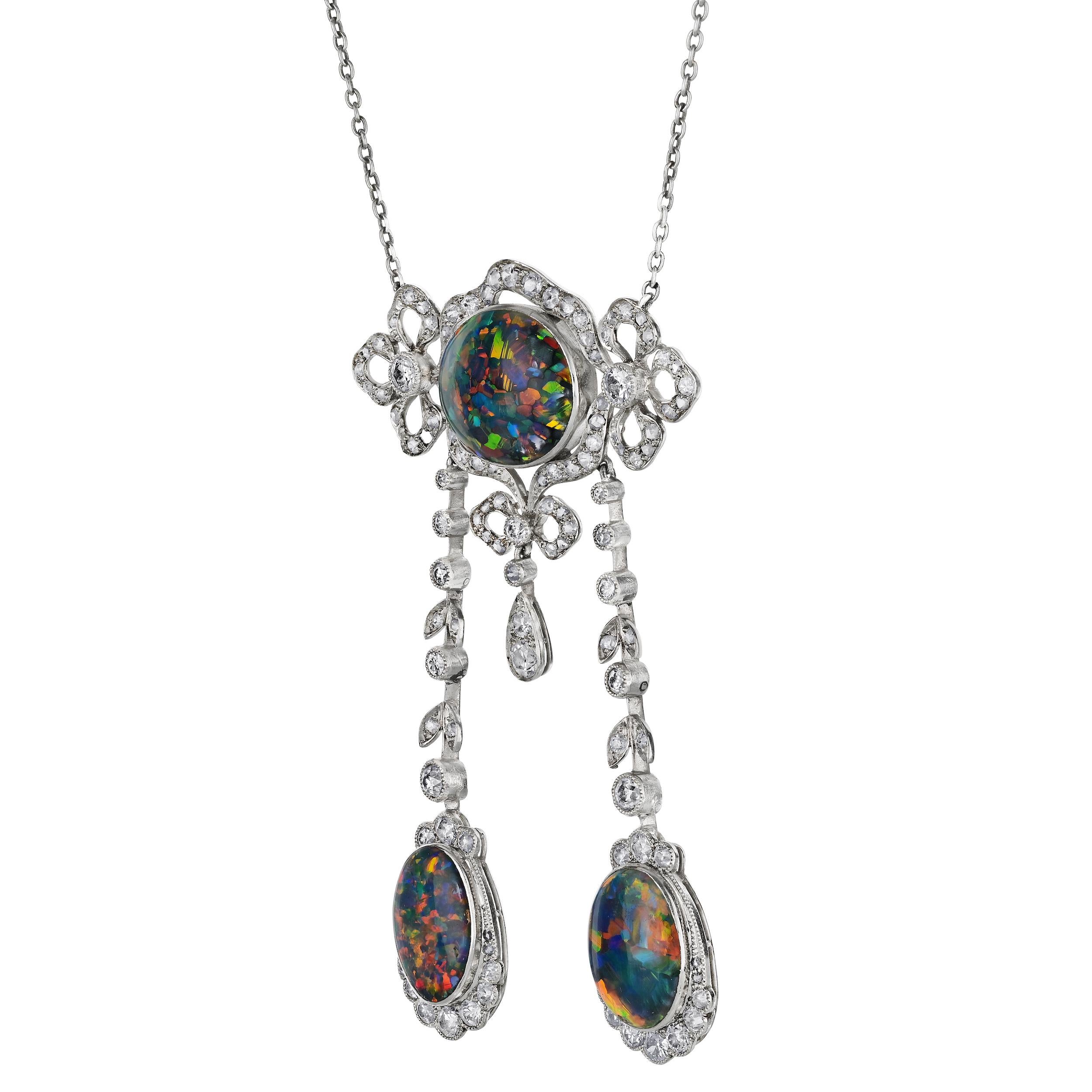 Antique Natural Black Opal and Old Euro Diamond Drop Earring & Necklace Set 1