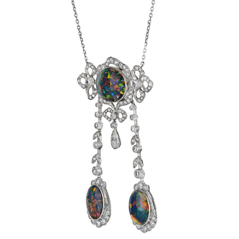 Antique Natural Black Opal and Old Euro Diamond Drop Earring & Necklace Set For Sale 1