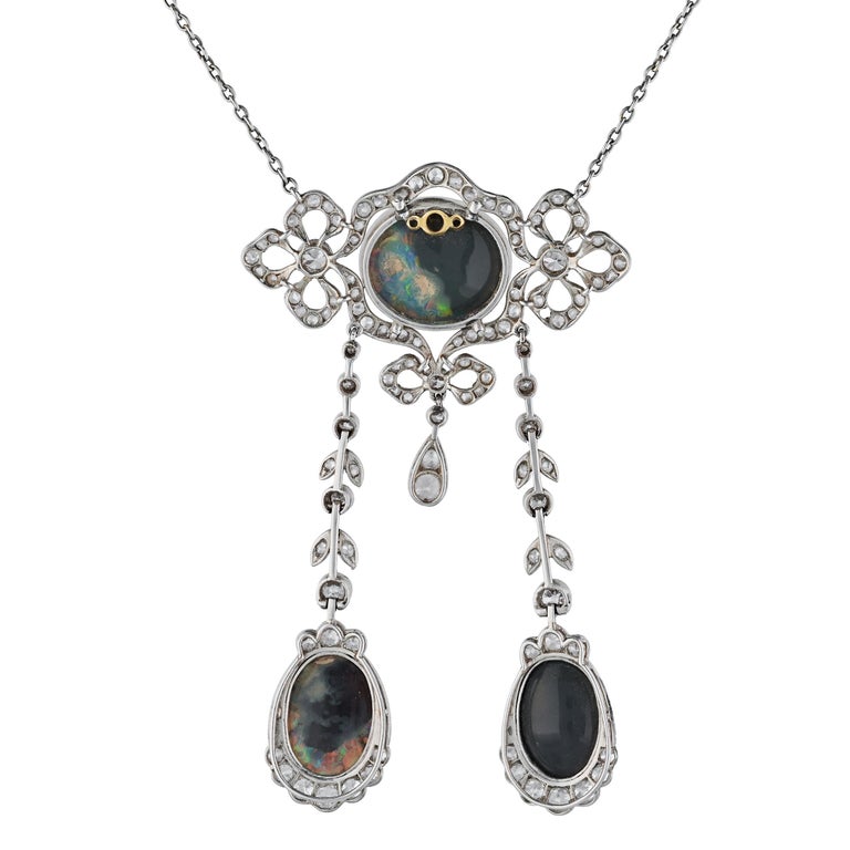 Antique Natural Black Opal and Old Euro Diamond Drop Earring & Necklace Set For Sale 3