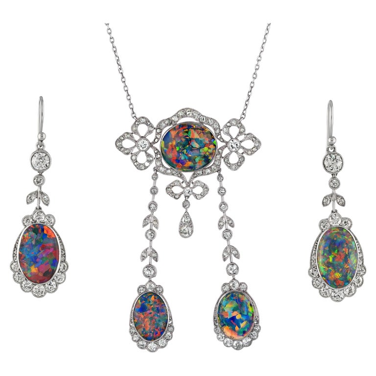 Antique Natural Black Opal and Old Euro Diamond Drop Earring & Necklace Set For Sale