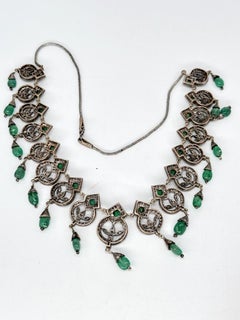 Antique Natural brilliant Diamonds emerald oxidized Sterling silver necklace