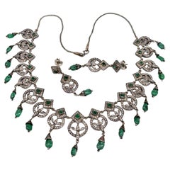Antique Natural brilliant Diamonds emerald oxidized Sterling silver necklace